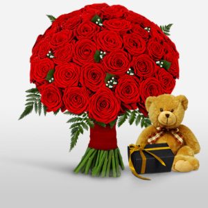 50 Red Roses with Teddy & Chocolates